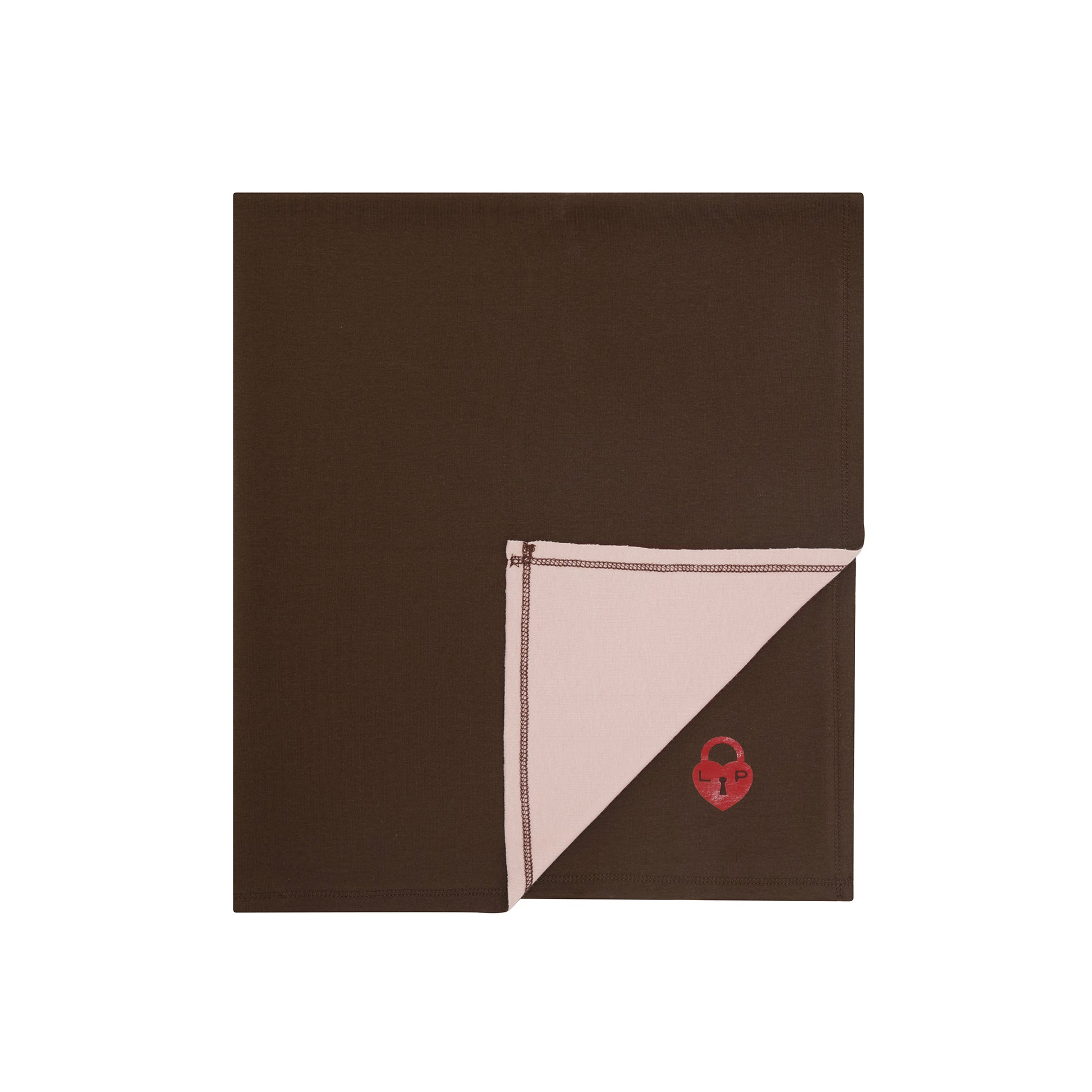 A folded dark brown blanket with a light pink reverse side and a small red embroidered padlock logo, displayed on a clean white background.