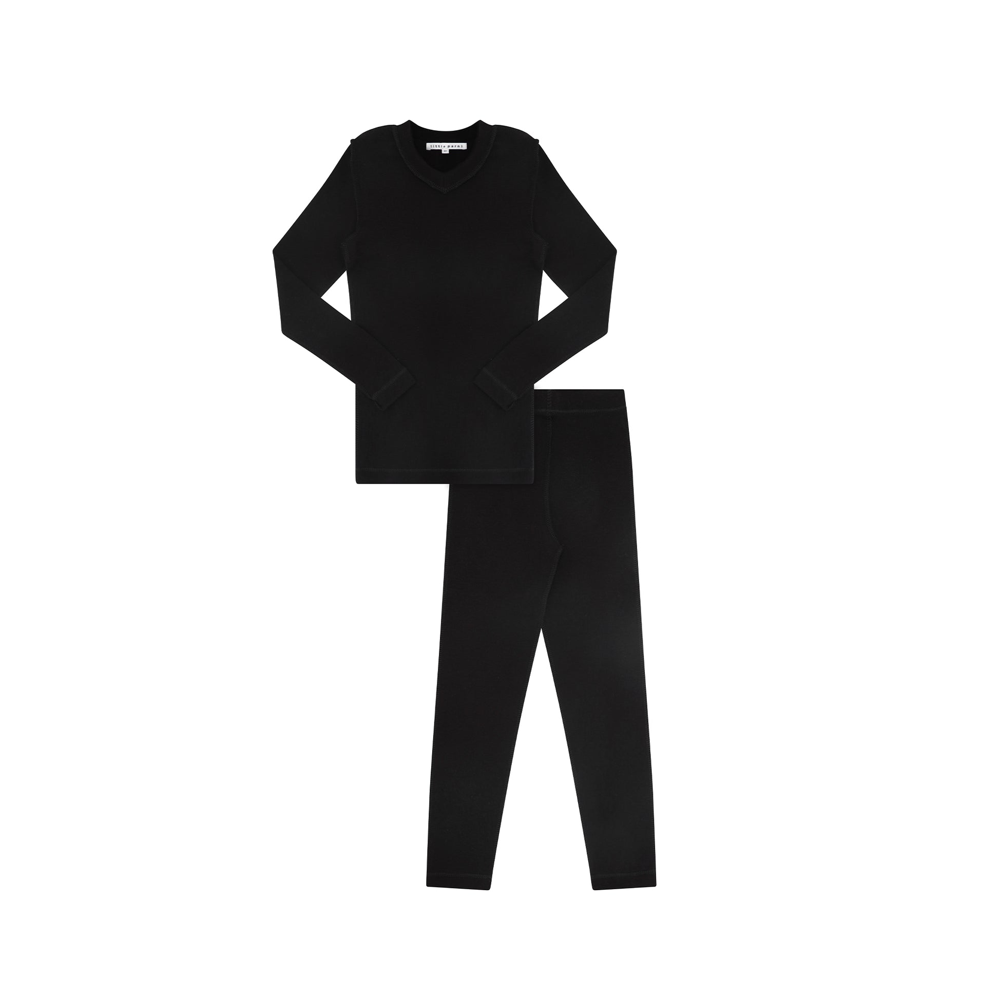A black two-piece knit loungewear set consisting of a long-sleeve V-neck top and matching full-length leggings, displayed flat against a solid white background.
