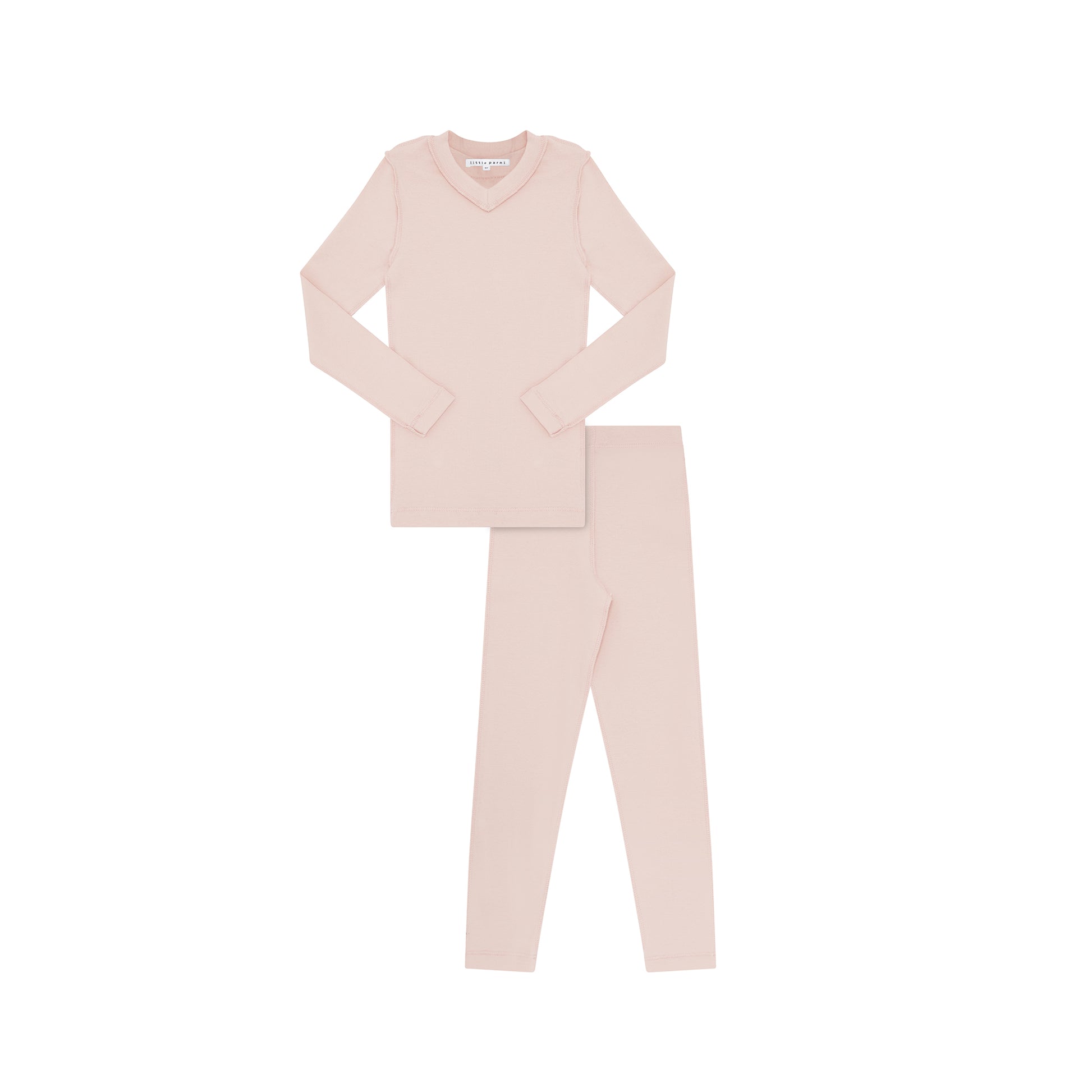 A two-piece children's pajama set in a soft, pale pink color, featuring a long-sleeve V-neck top and matching long pants, laid flat on a white background.