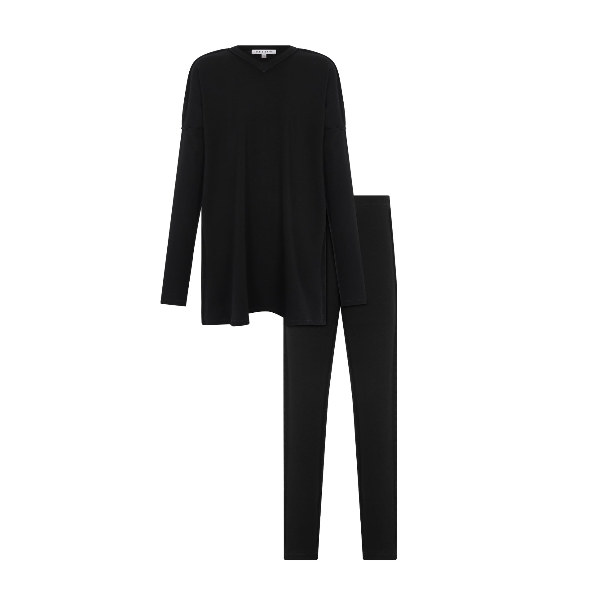 A black two-piece knit loungewear set consisting of a long-sleeve top and matching slim-fit pants, displayed on a solid white background.