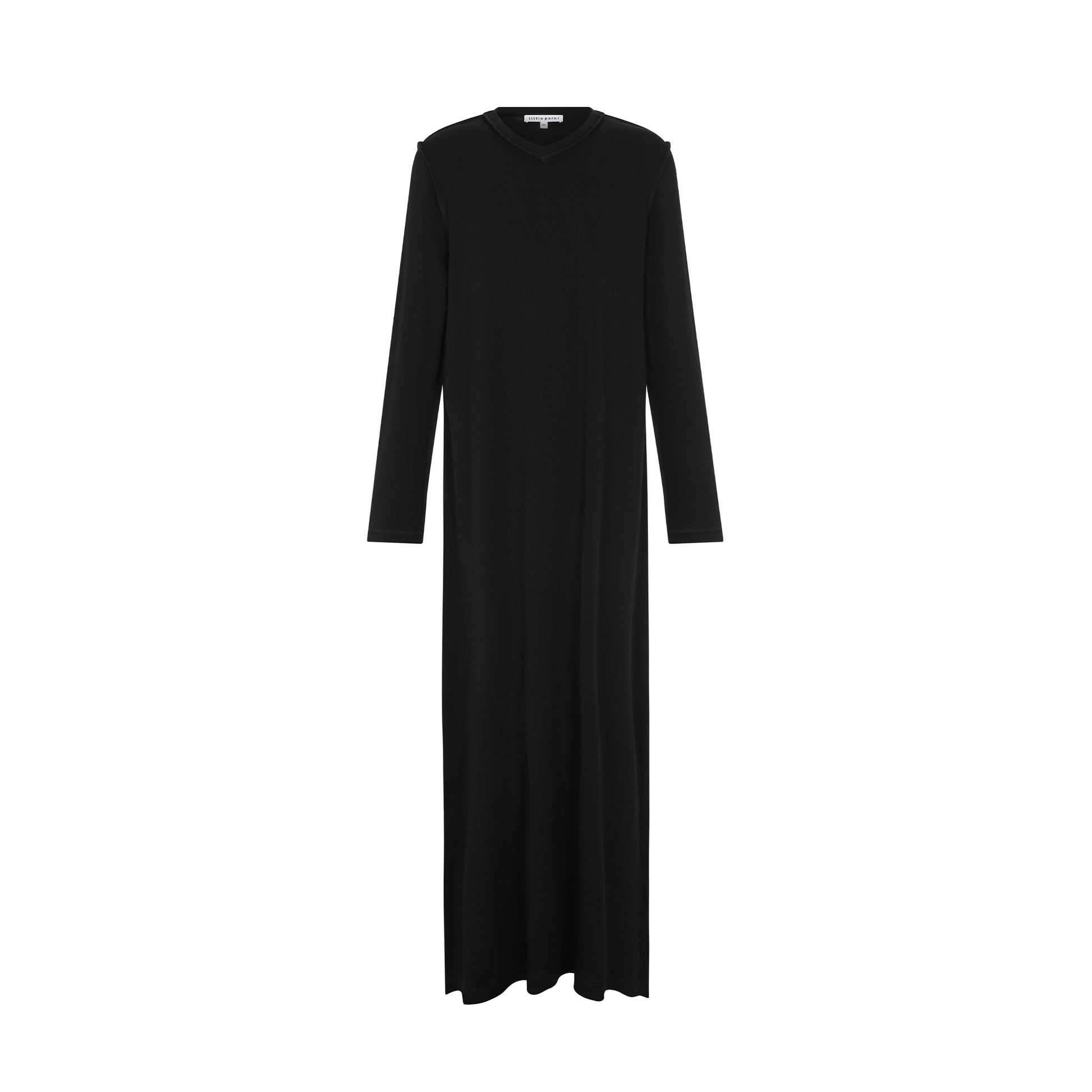 A long-sleeve black maxi nightgown with a V-neckline, shown flat against a solid white background.