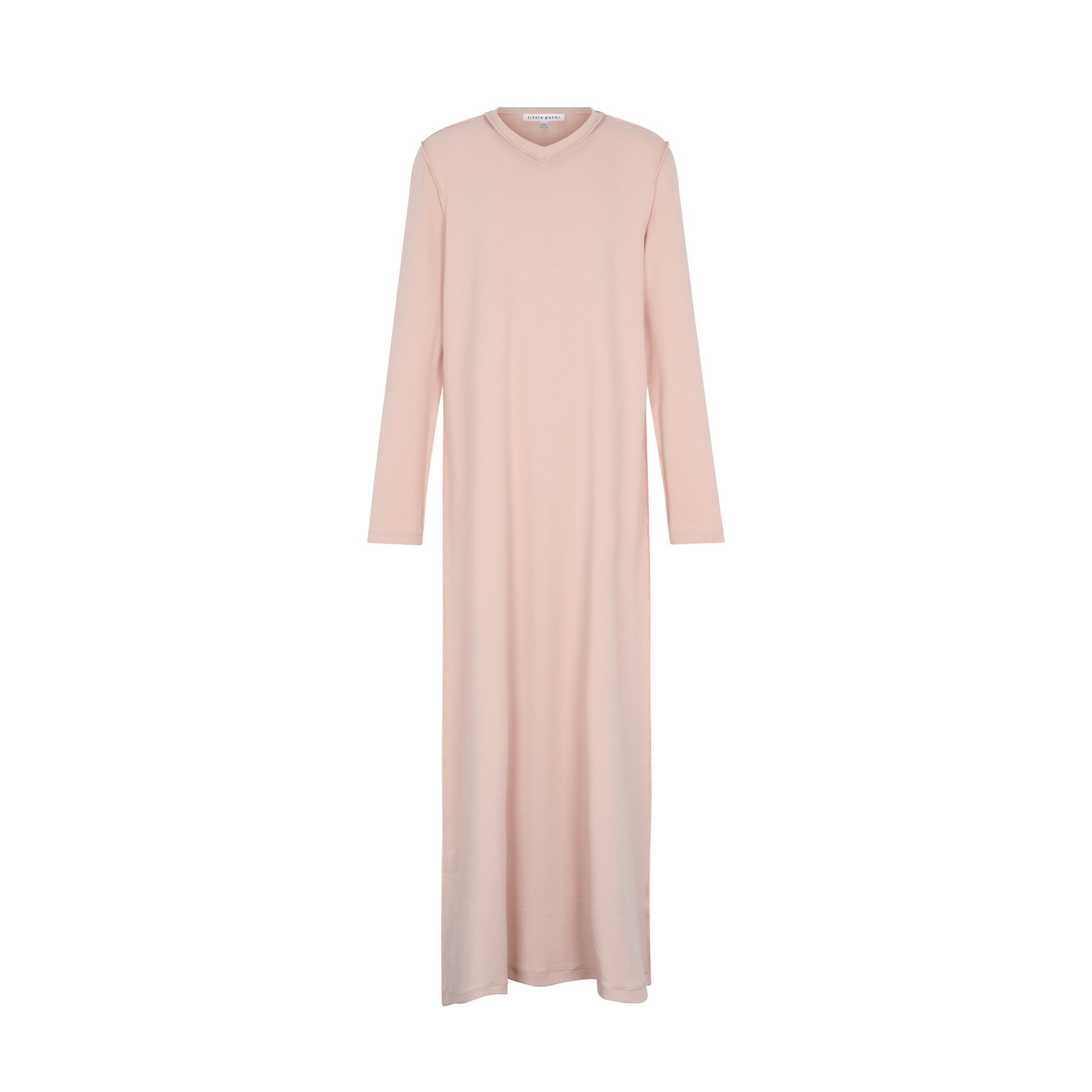 A long-sleeve maxi nightgown in a soft, pale blush pink, displayed on a clean white background.