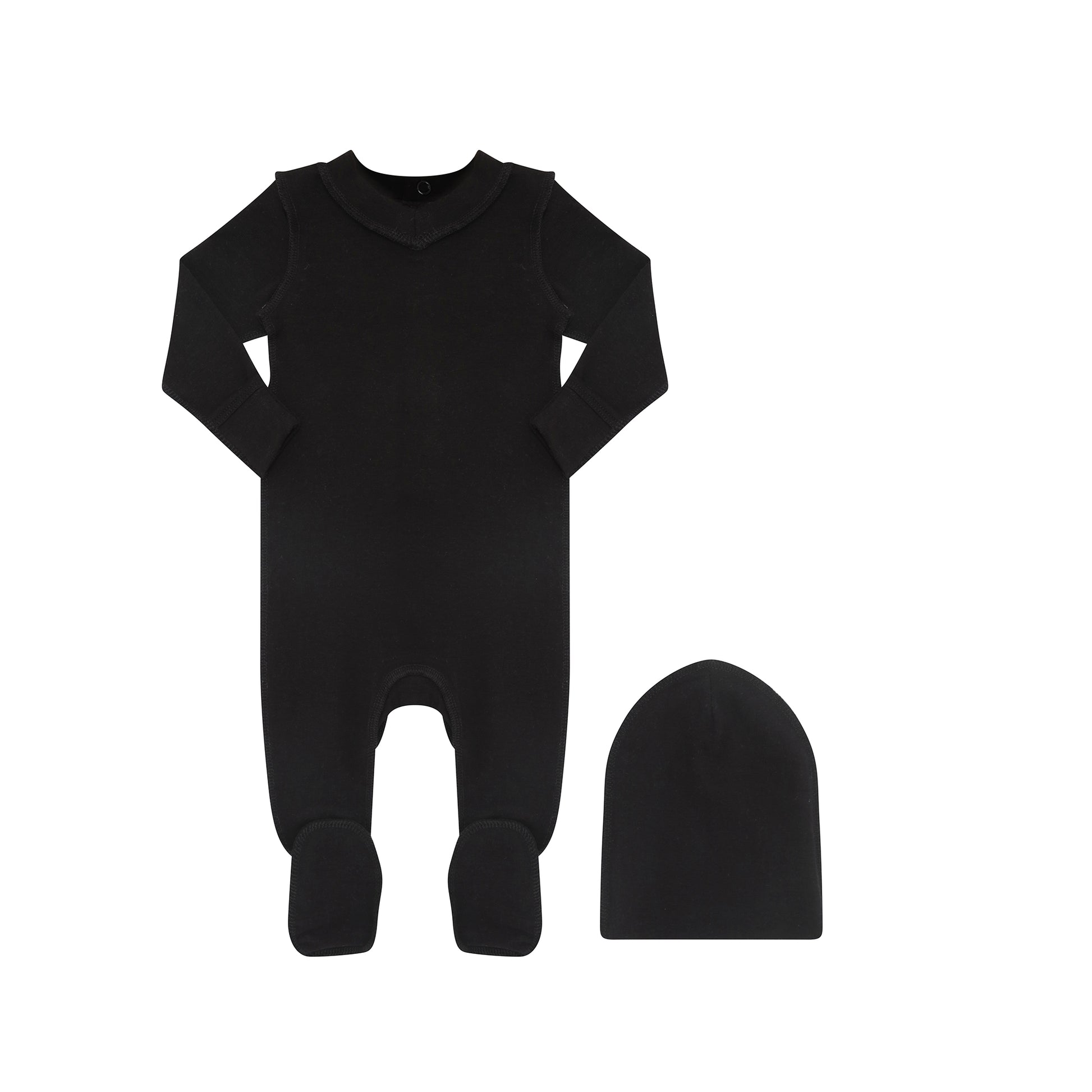 A black baby footed sleeper with long sleeves and a matching black beanie hat, displayed on a clean white background.