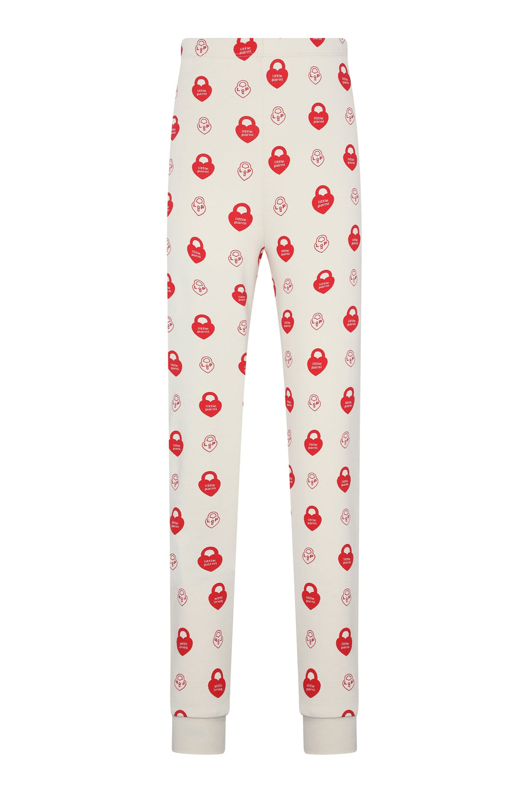 White pajama pants with red pattern on a white background.