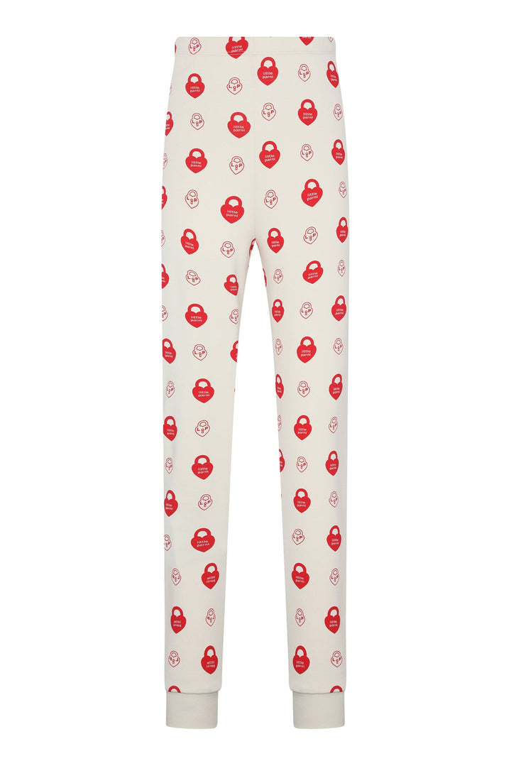 White pajama pants with red pattern on a white background.