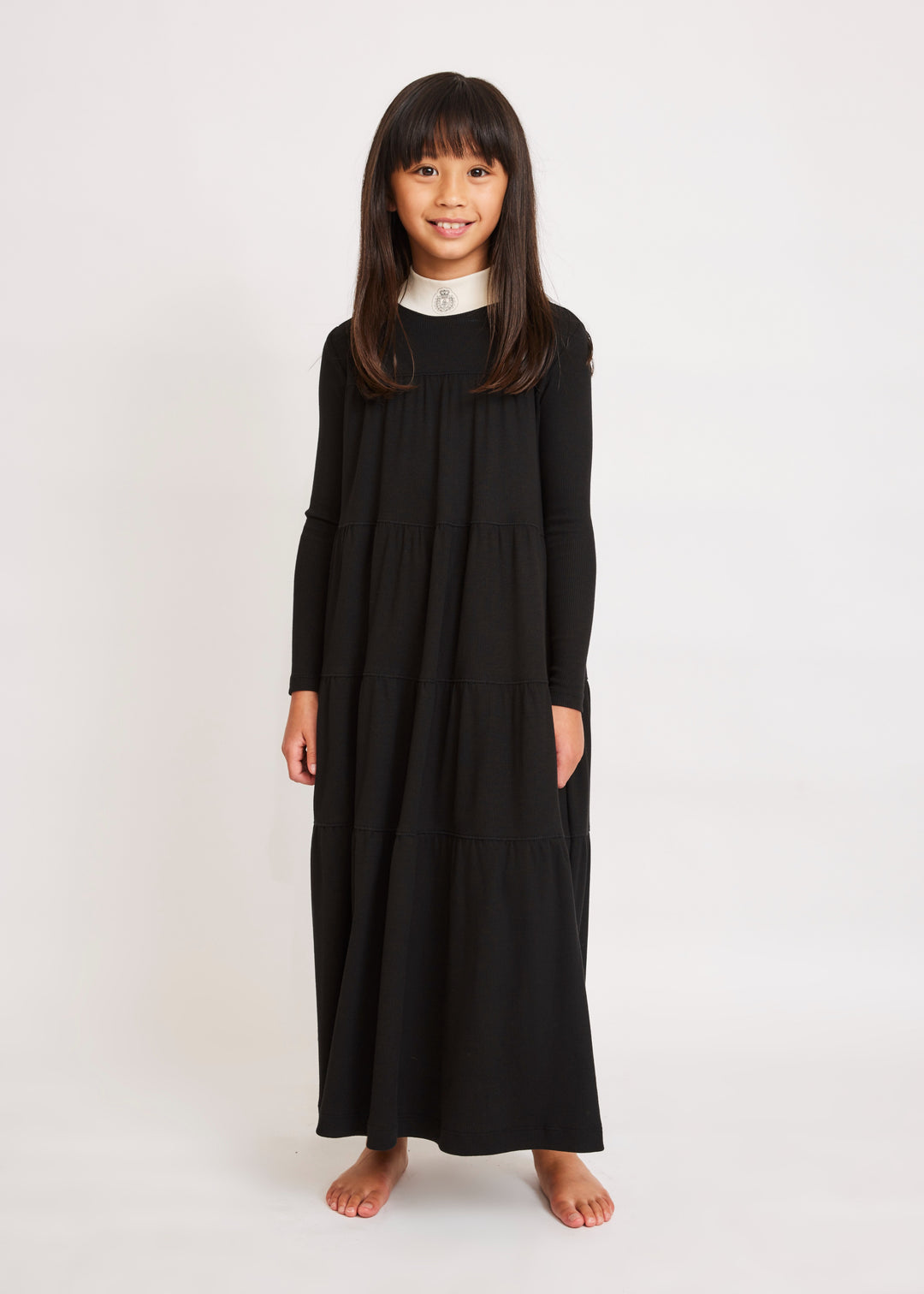 Tiered Ribbed Cotton Maxi Dress with Mock neck