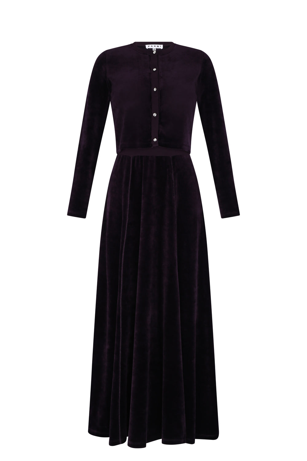 Purple Velour Maxi Jumper and Rhinestone Cardigan Set.