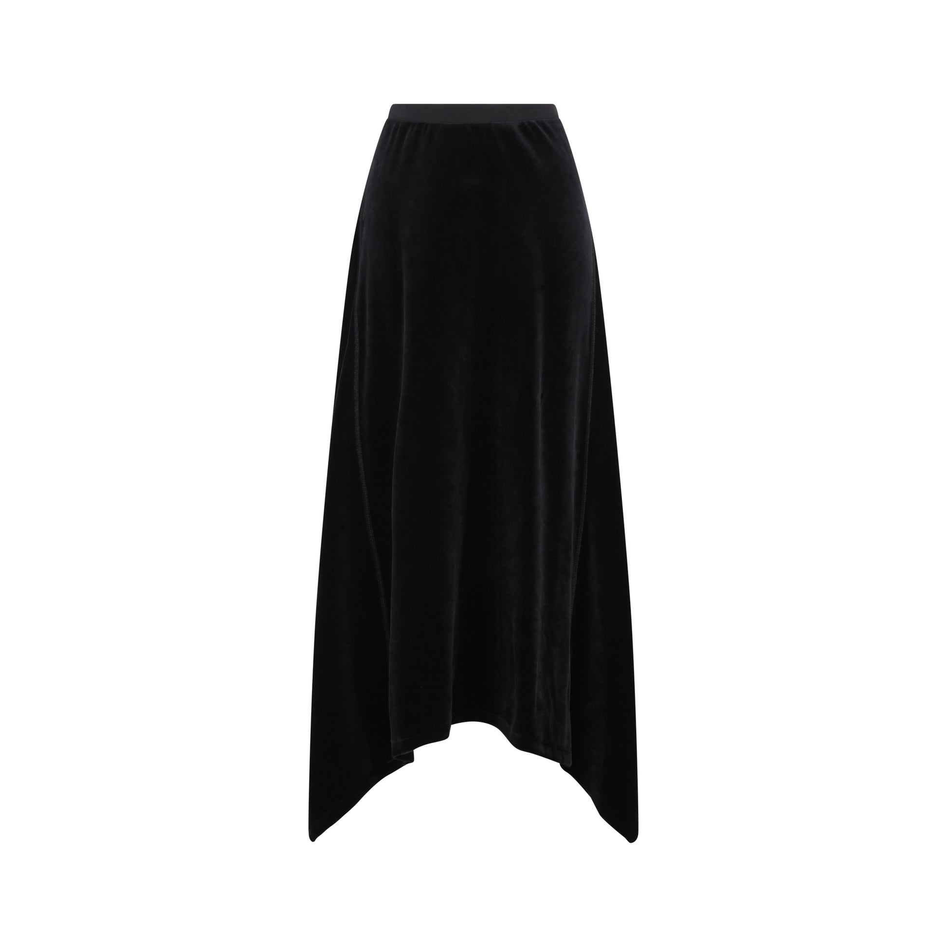 Signature Velour Asymmetrical Skirt in black.