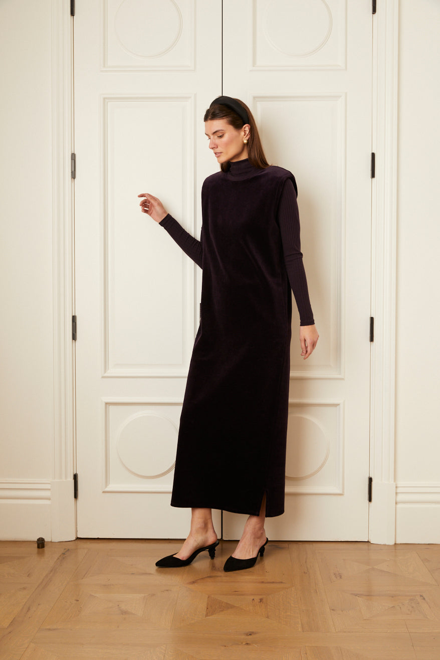 Model wearing the purple Sleeveless Velour A-Line Maxi Dress.