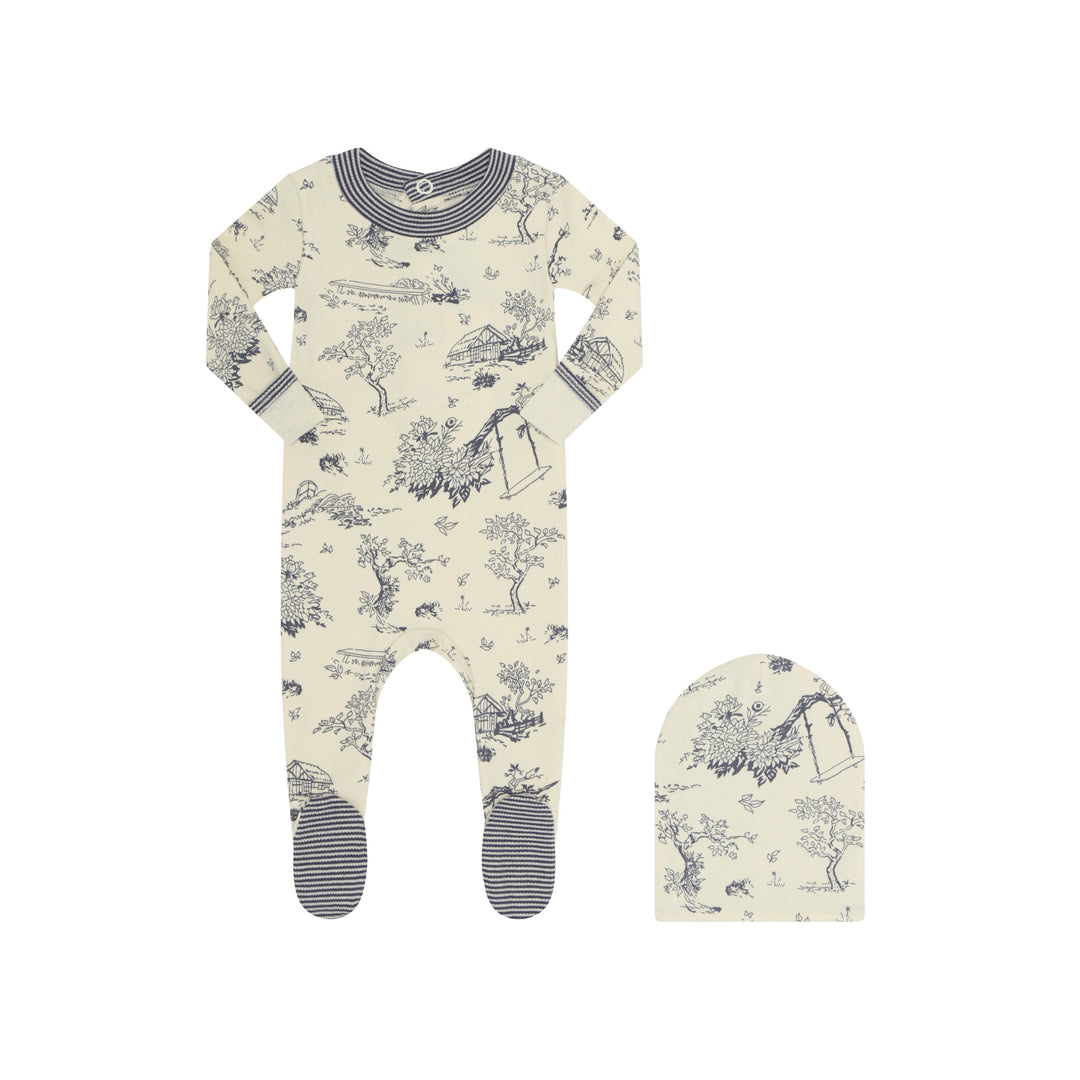Footie Pajama in navy and cream Toile with matching beanie