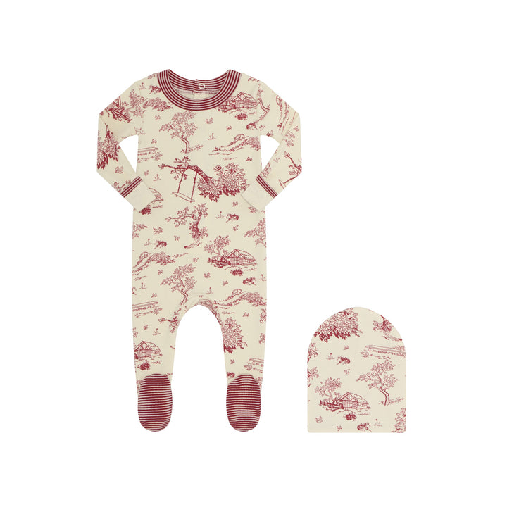 Footie Pajama in red and cream Toile with matching beanie
