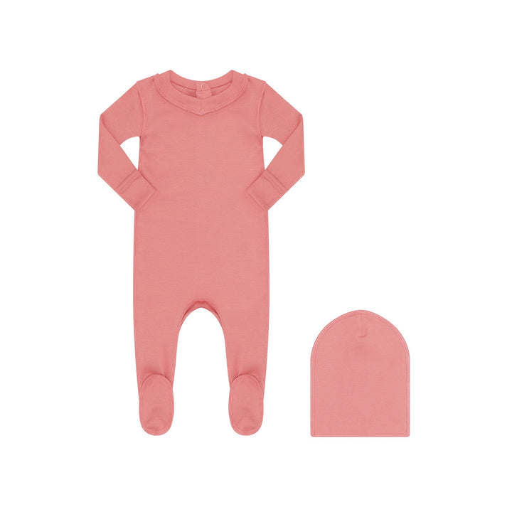 Coral footie pajama with matching beanie