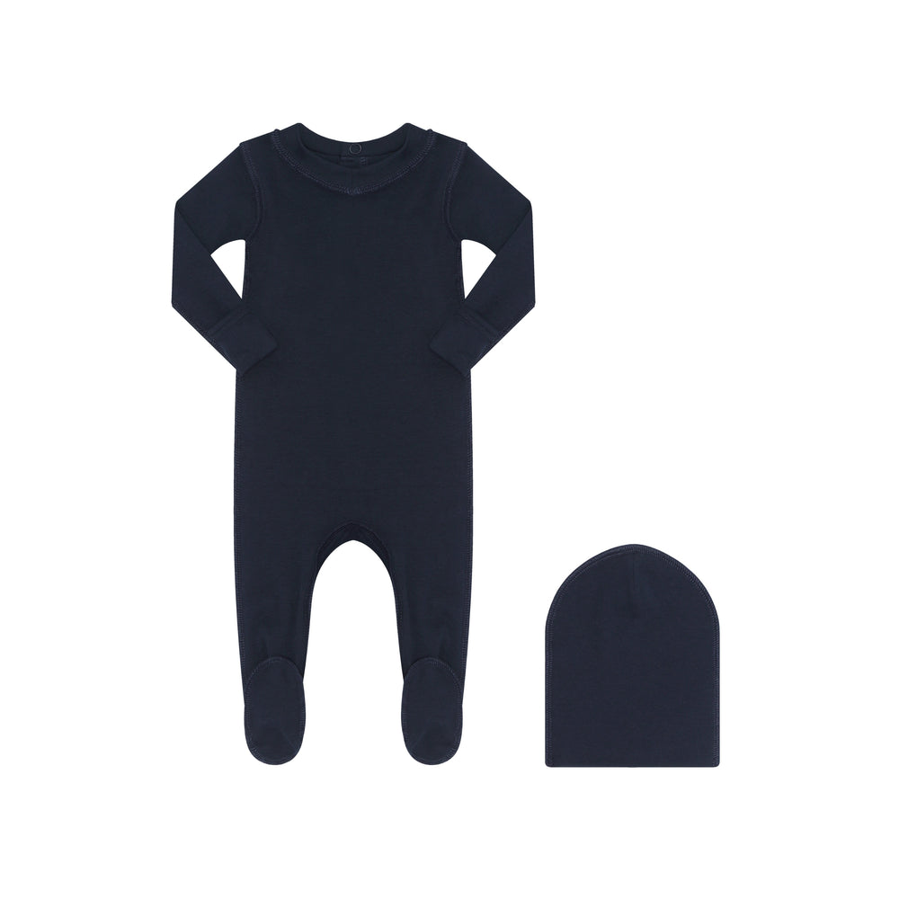 Navy footie pajama with matching navy beanie