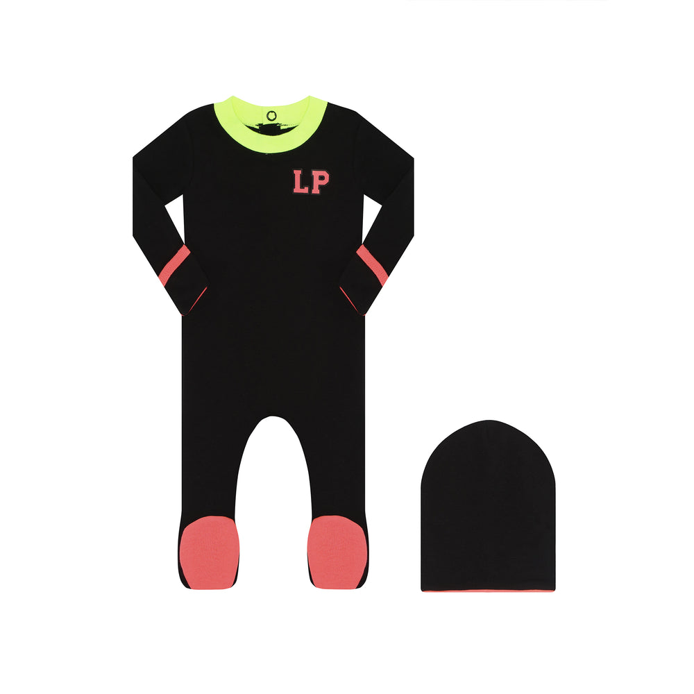 Black solid footie pajama with coral and neon accent and matching beanie. 