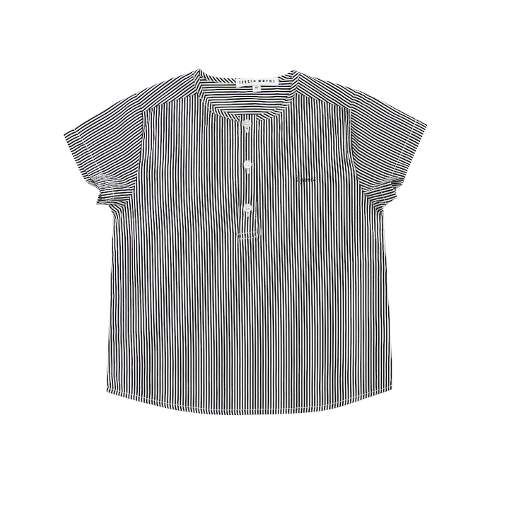 Boys black and white striped collarless short sleeve shirt