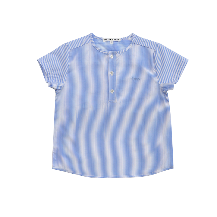 Boys blue and white striped collarless short sleeve shirt