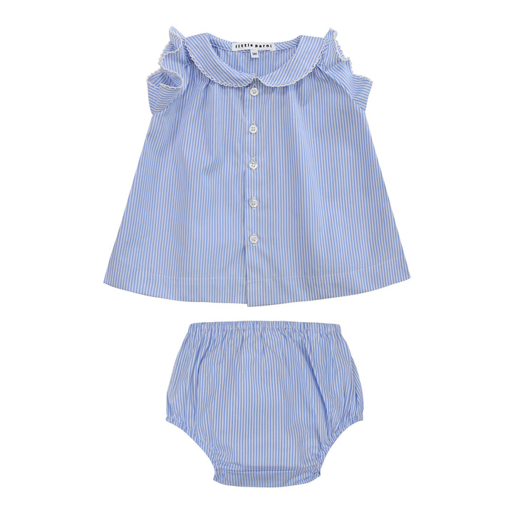 Baby Striped Ruffle Tunic & Bloomer Set in blue and white stripe