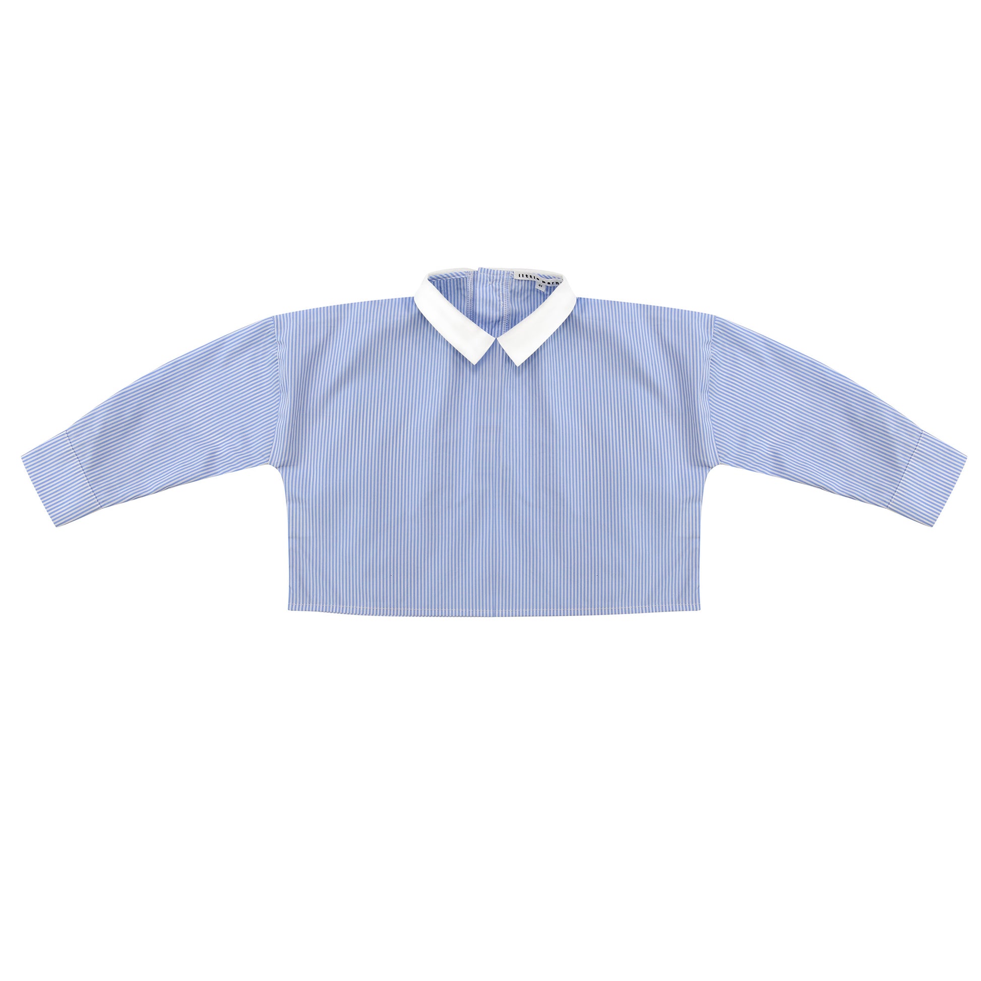 Girls long sleeve top with white peter pan collar in blue and white stripe