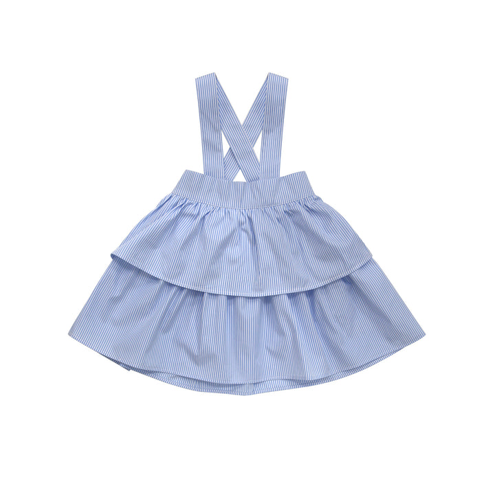 Blue and white stripe ruffle skirt with suspenders on a white background.  