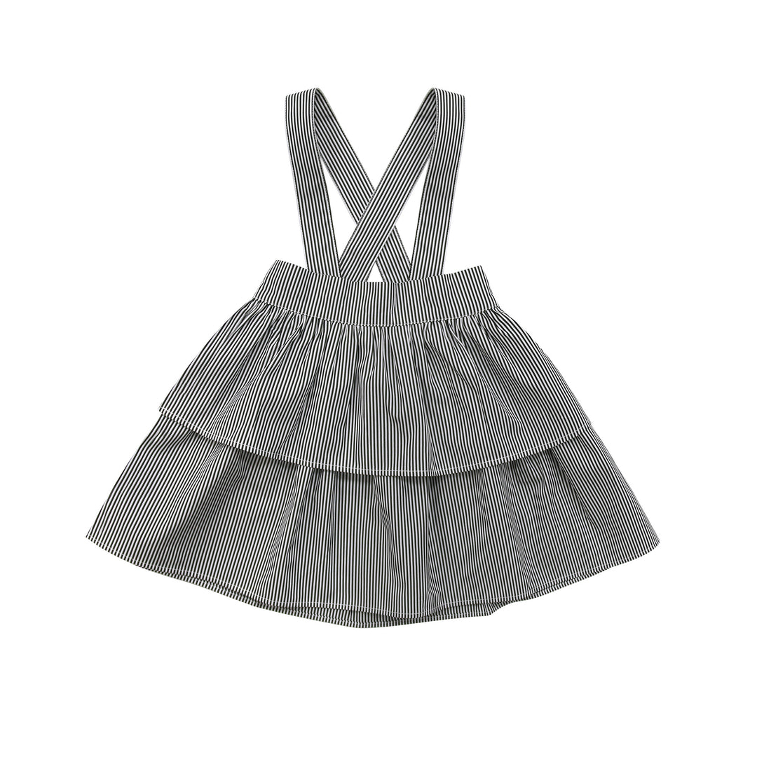 Girls tiered ruffle skirt with suspenders in black and white stripes