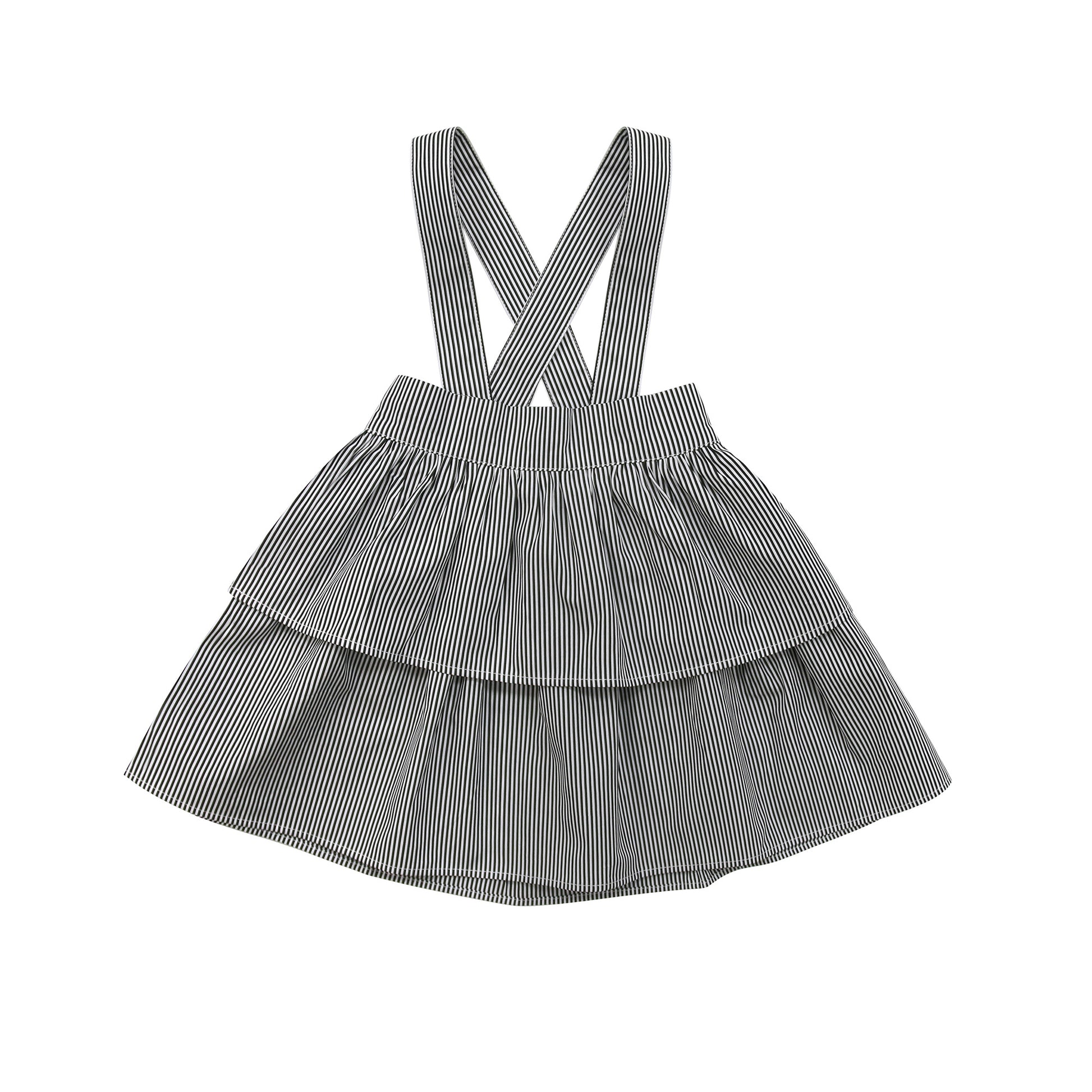 Girls tiered ruffle skirt with suspenders in black and white stripes