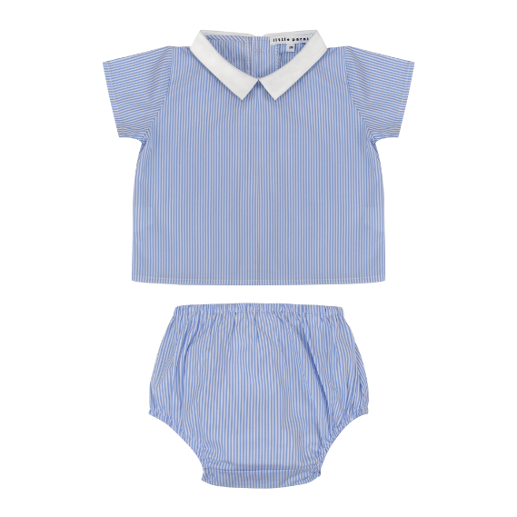Baby two piece blue and white stripe bloomer set