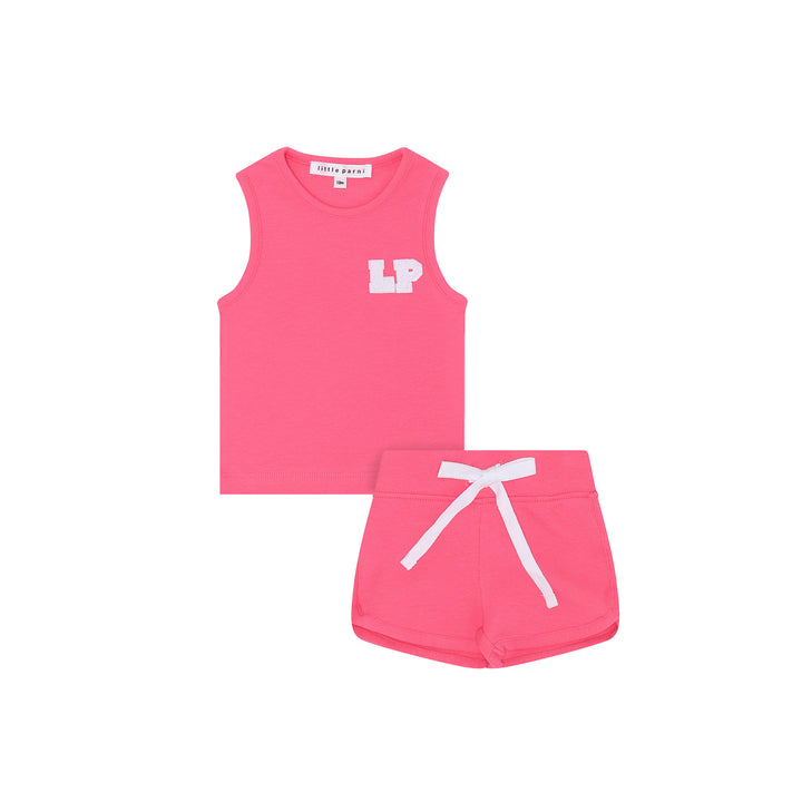Toddler tank and short set in hot pink with LP varsity letters on right side of tank.