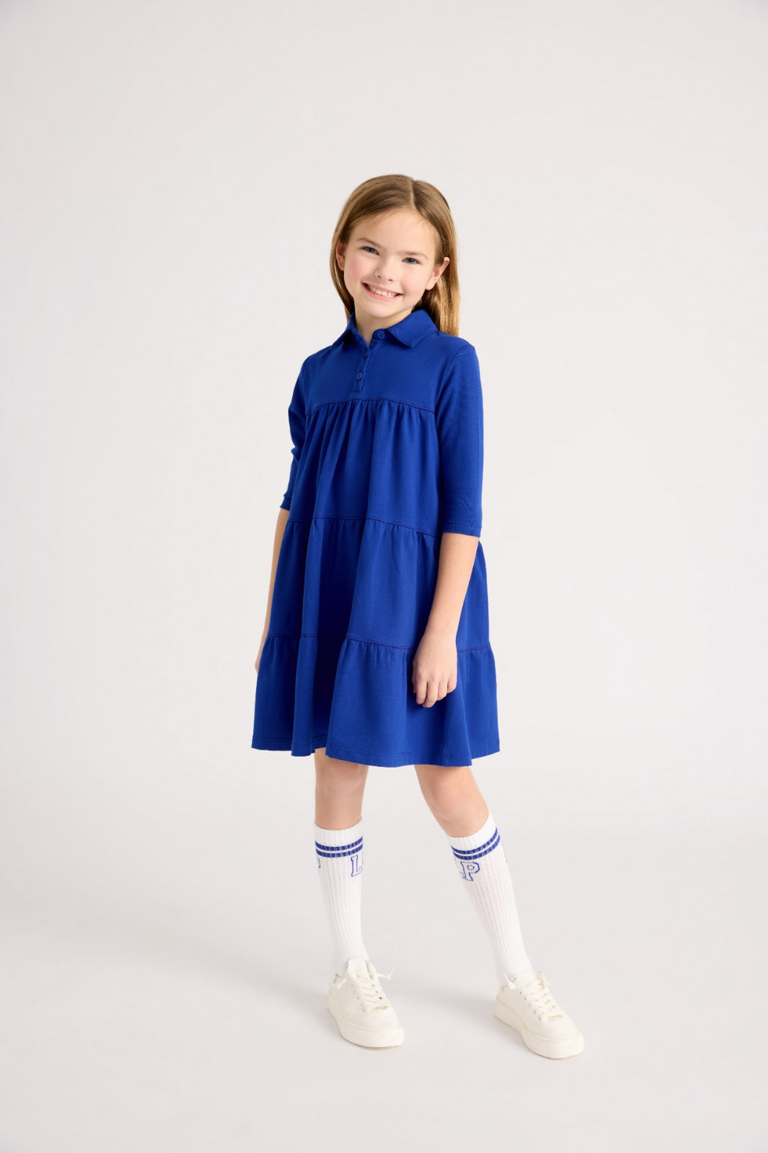 Girls Tiered Varsity Dress with Collar