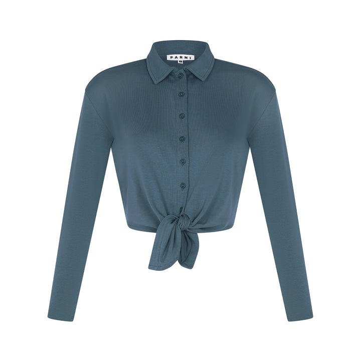 Tie Front Button Down Shirt - Dusty Blue