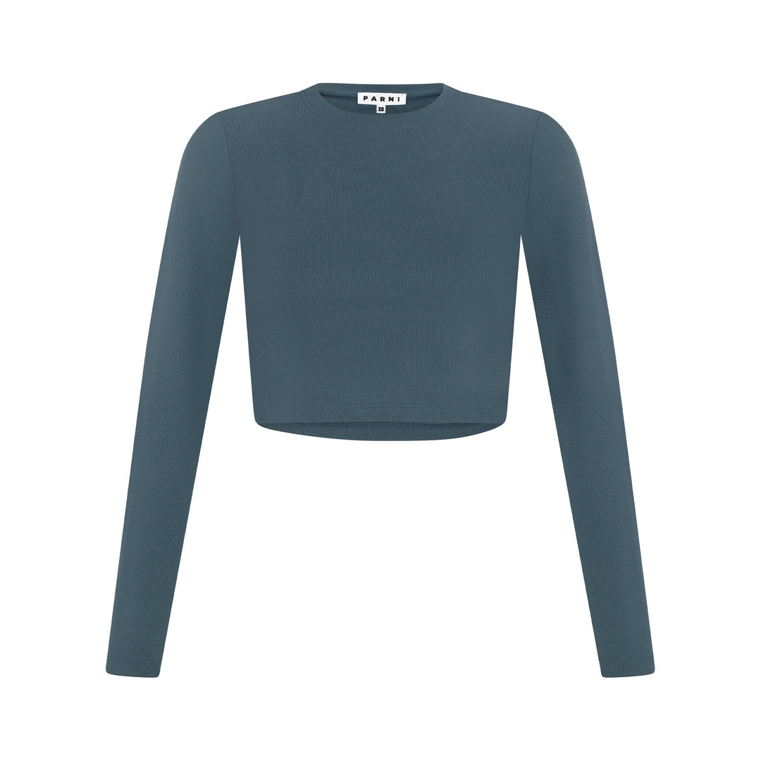 Spring Ribbed Long Sleeve Crop Top - Dusty Blue