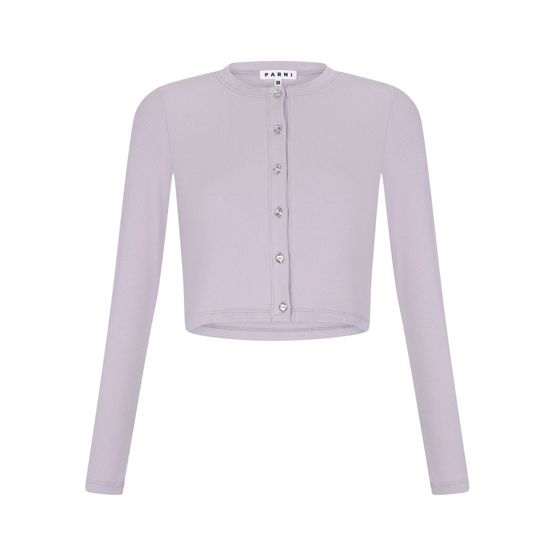 Spring lavender ribbed cropped cardigan, long sleeve with rhinestone buttons