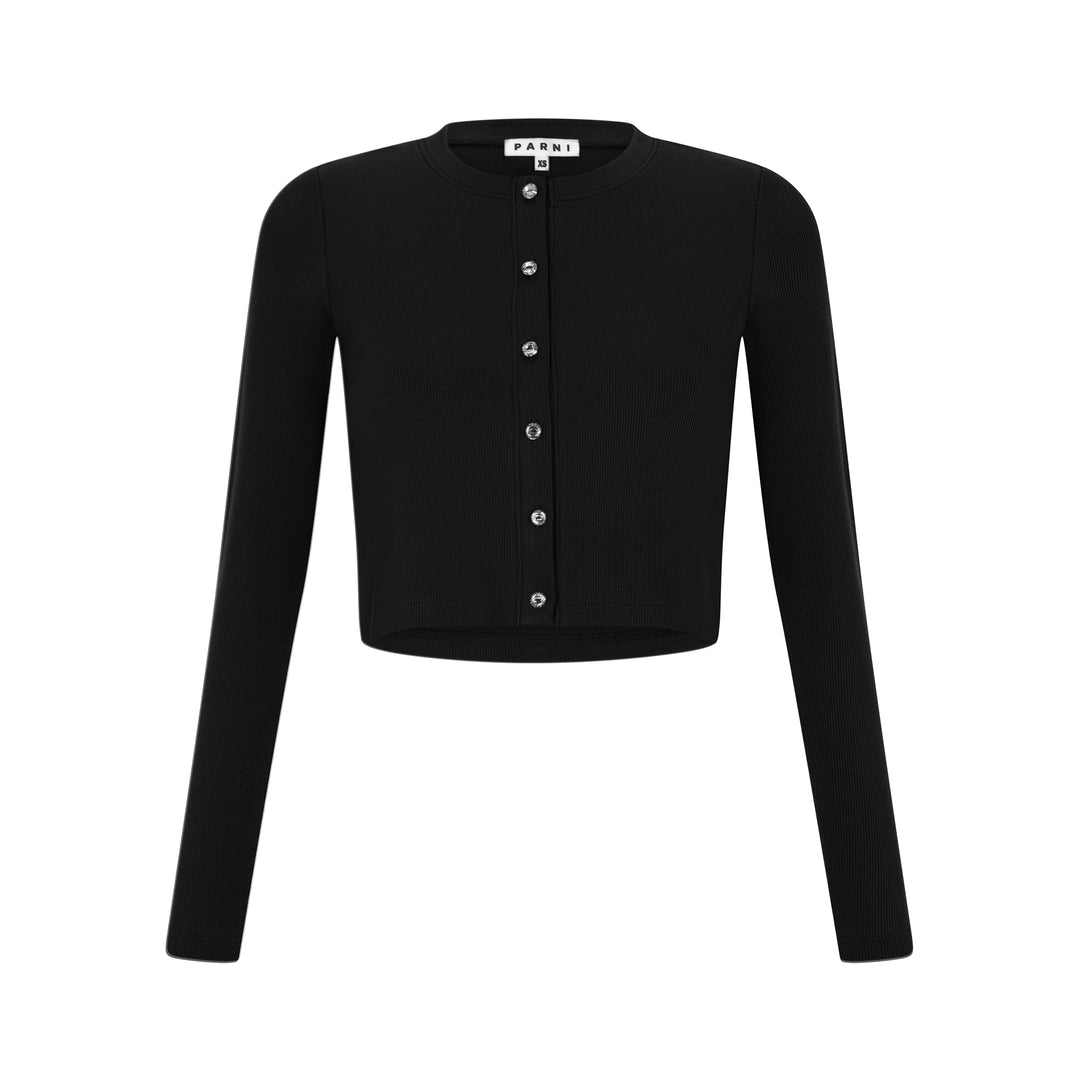 Spring black ribbed cropped cardigan, long sleeve with rhinestone buttons