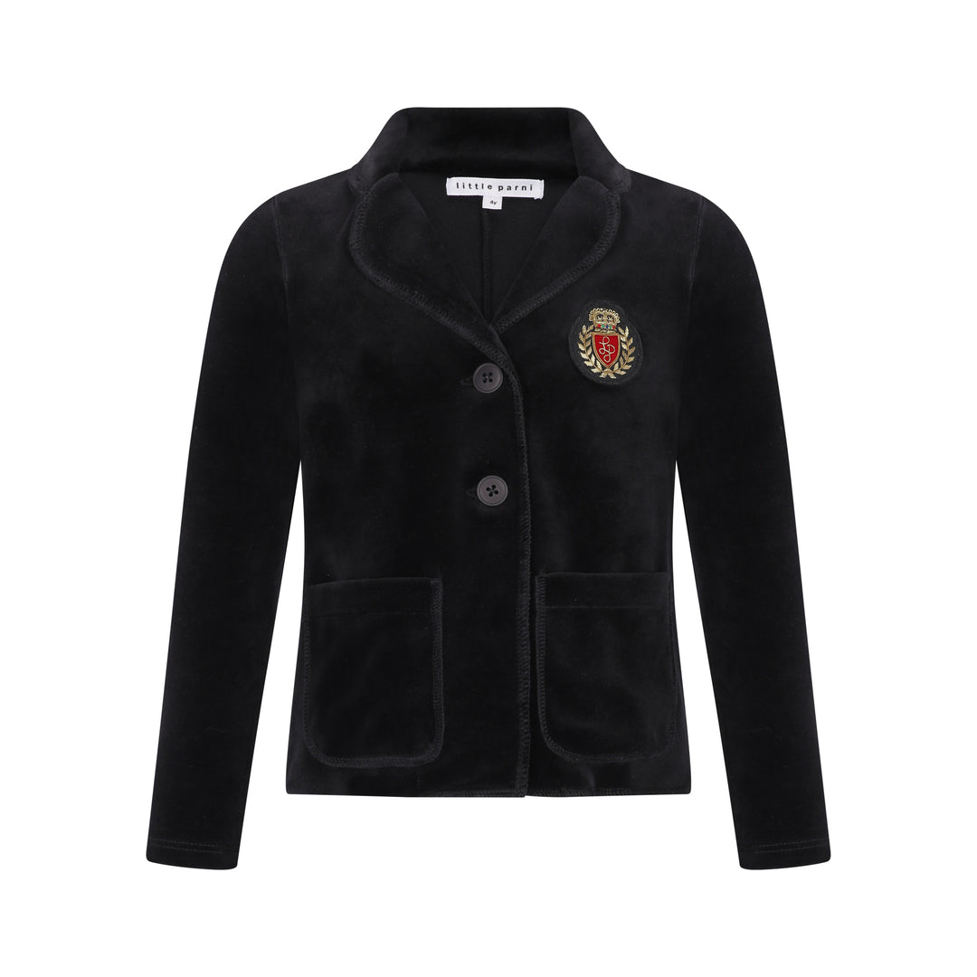 Velour blazer with two button closure and emblem.