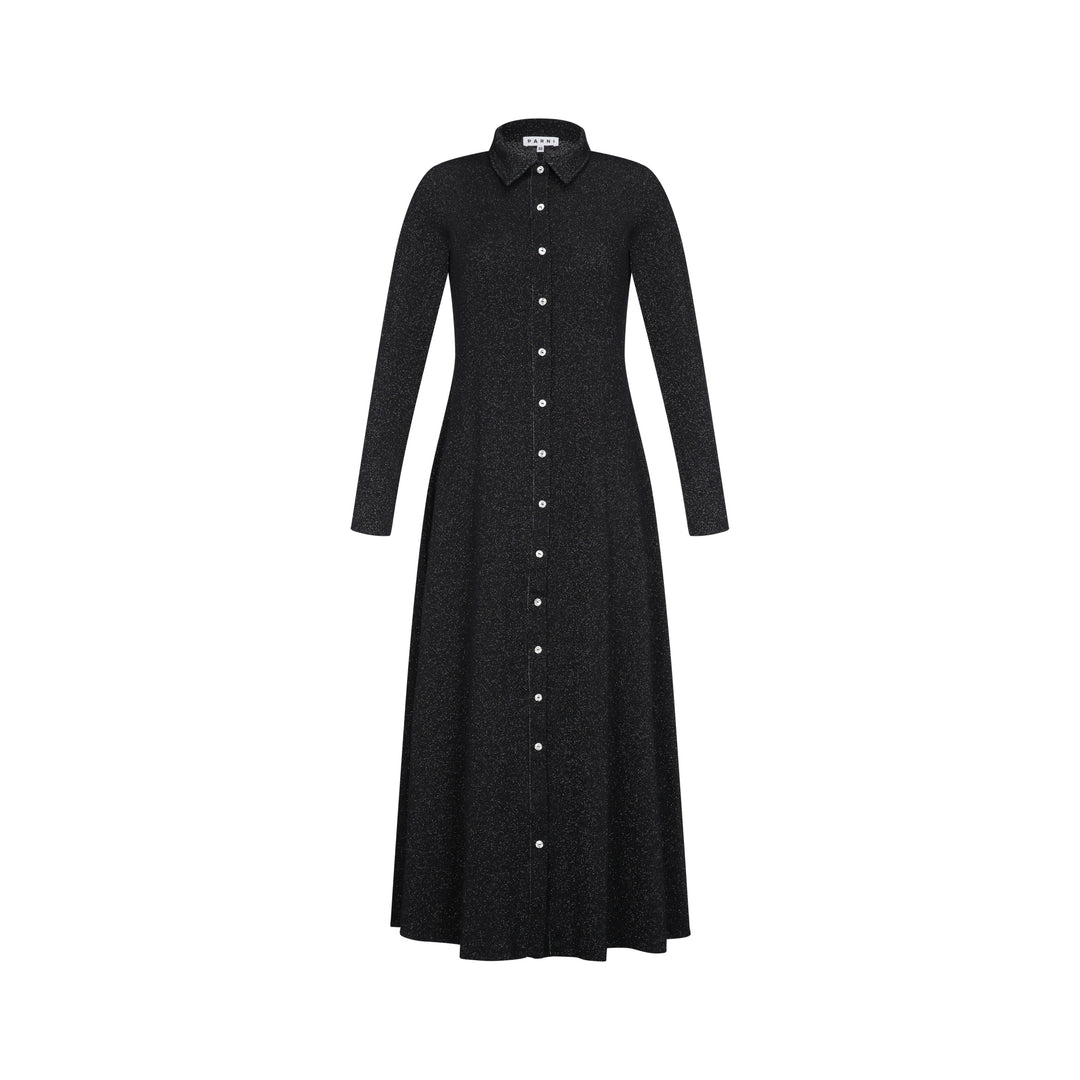 Black button-up dress on a white background