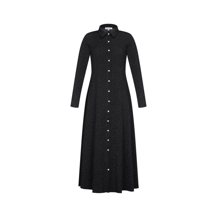 Black button-up dress on a white background