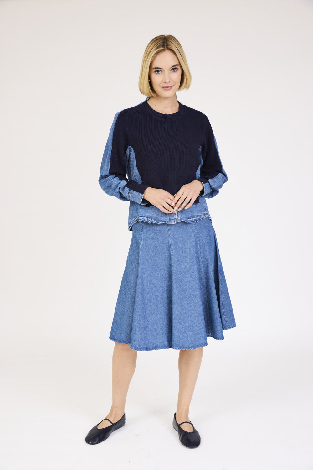 Woman wearing the Short Denim Circle Skirt in Blue.