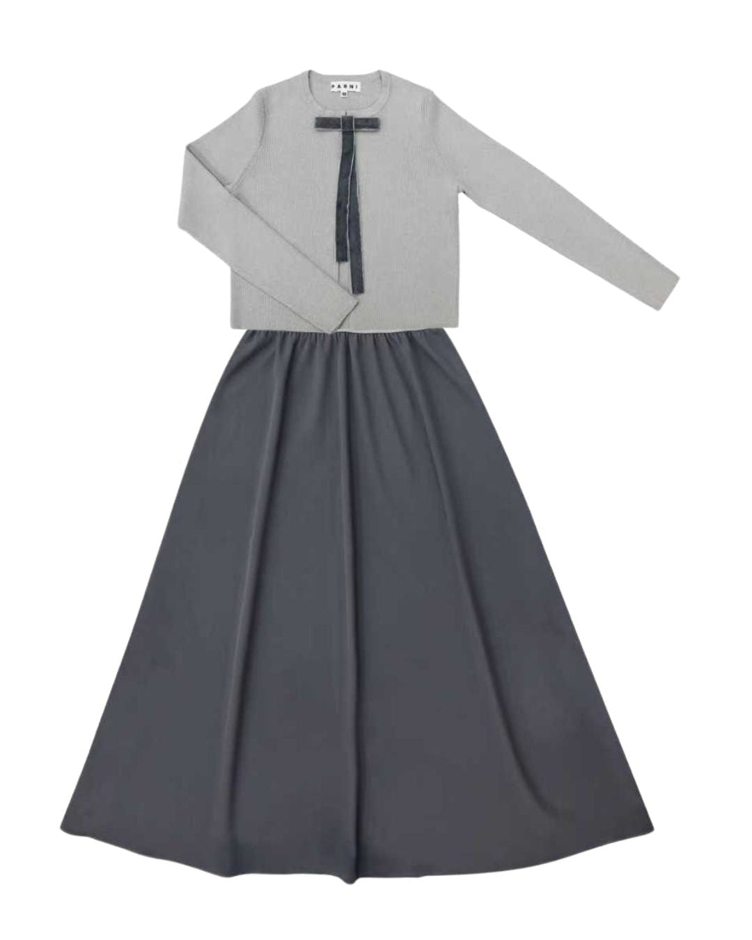 Gray dress with a white cardigan on a white background