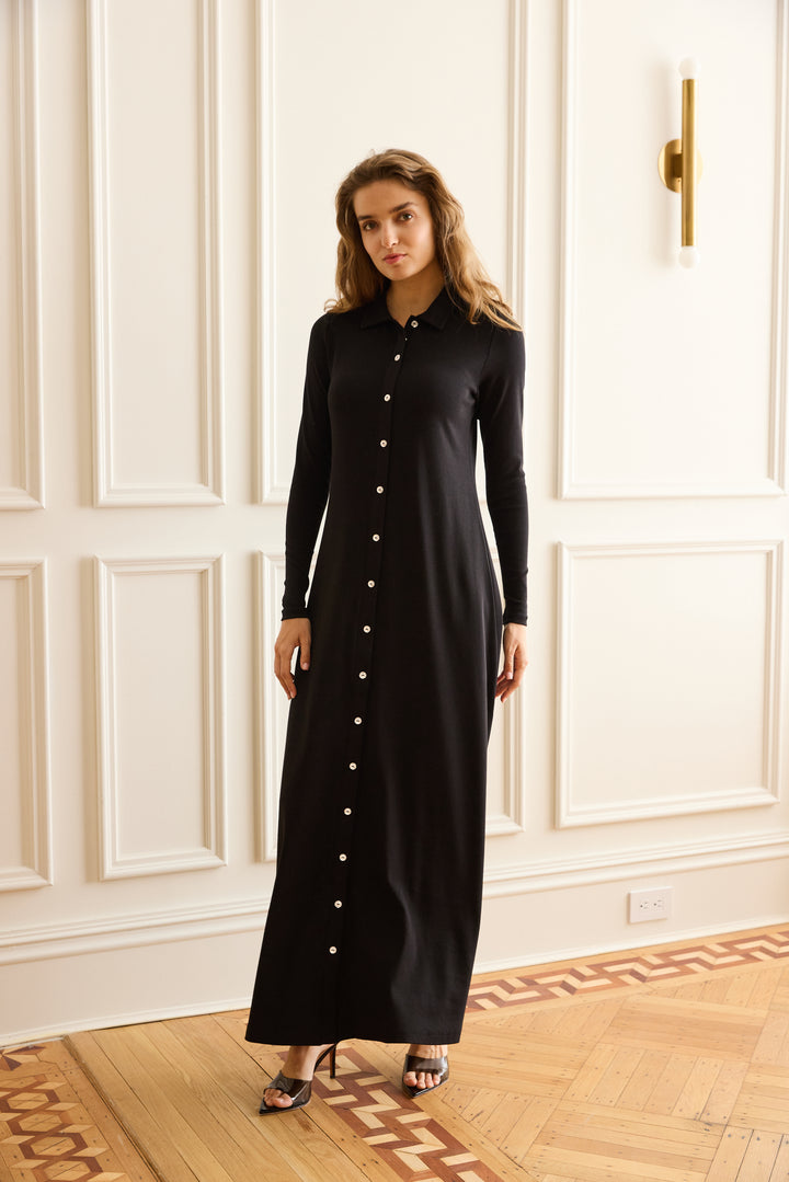 Woman wearing the Rhinestone Maxi Dress. 