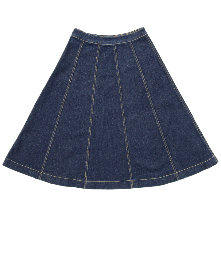 Blue denim skirt on a white background