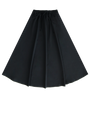 Black skirt with tie at waist on a white background.
