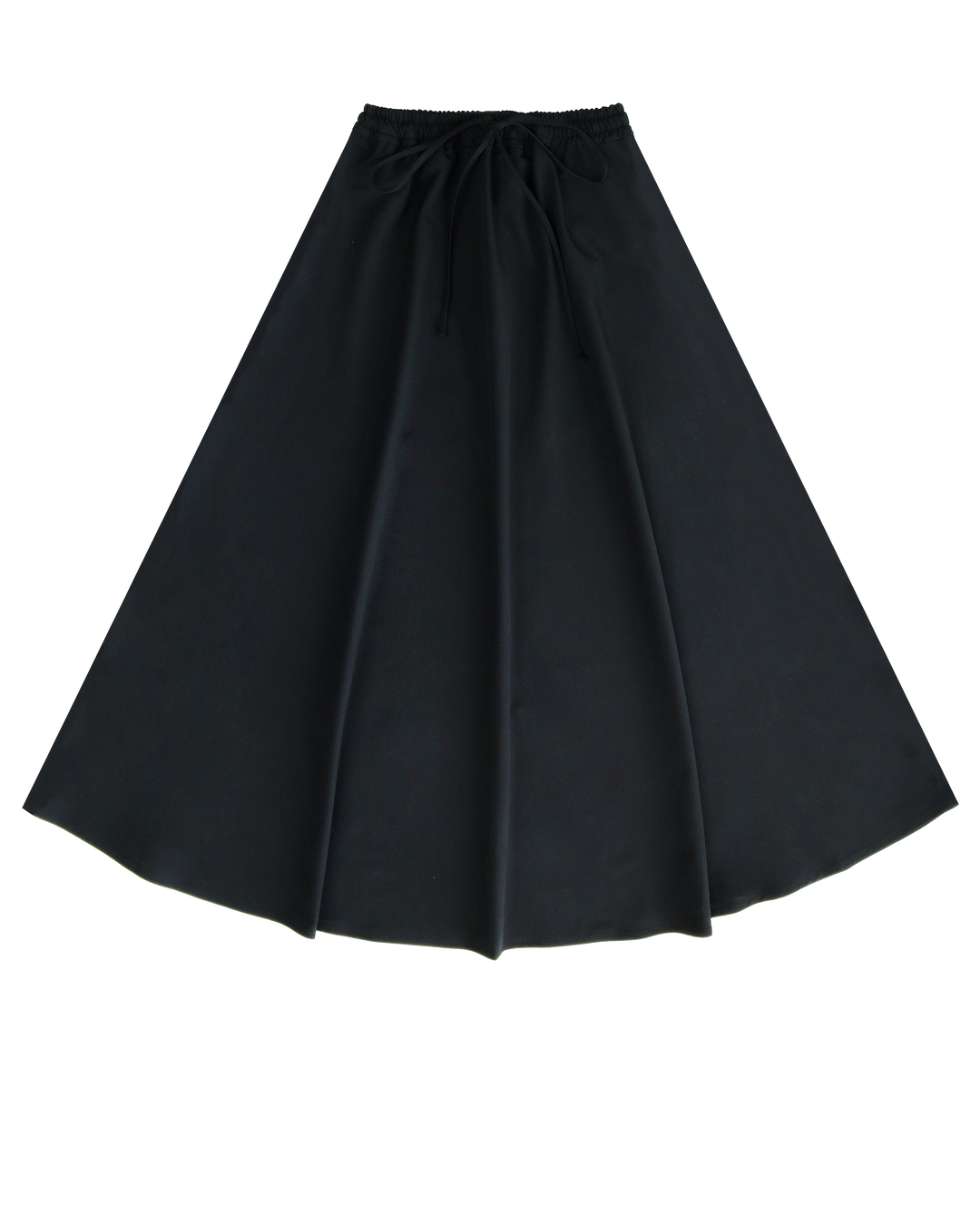 Black skirt with tie at waist on a white background.