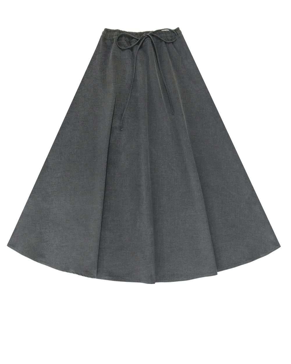 Grey skirt with tie at waist on white background.