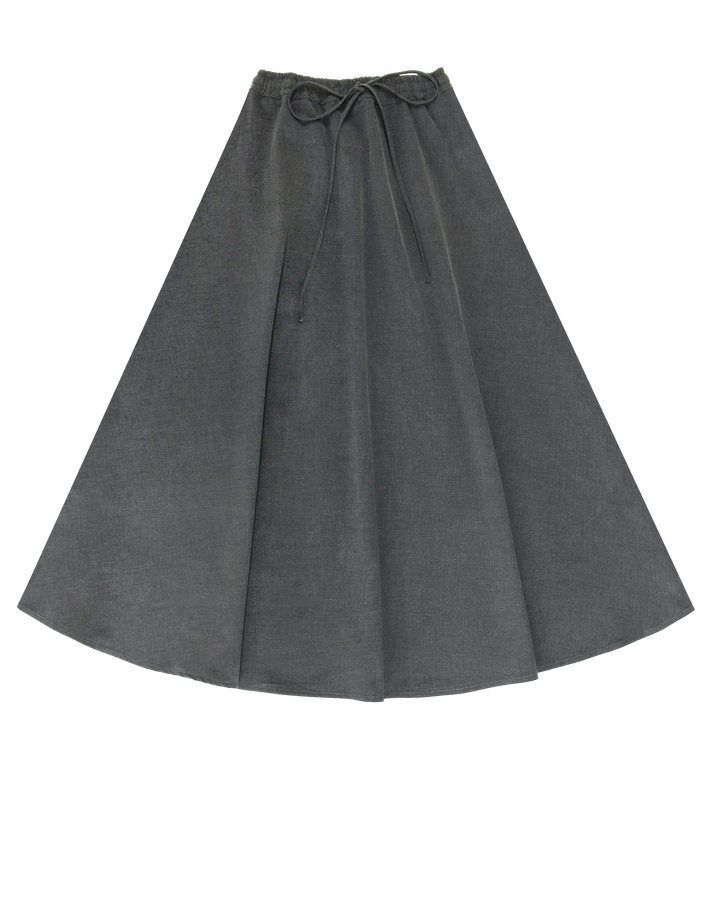 Grey skirt with tie at waist on white background.