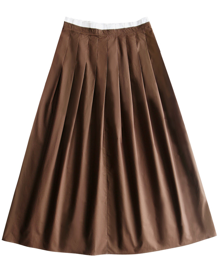 Brown pleated skirt against a white background.