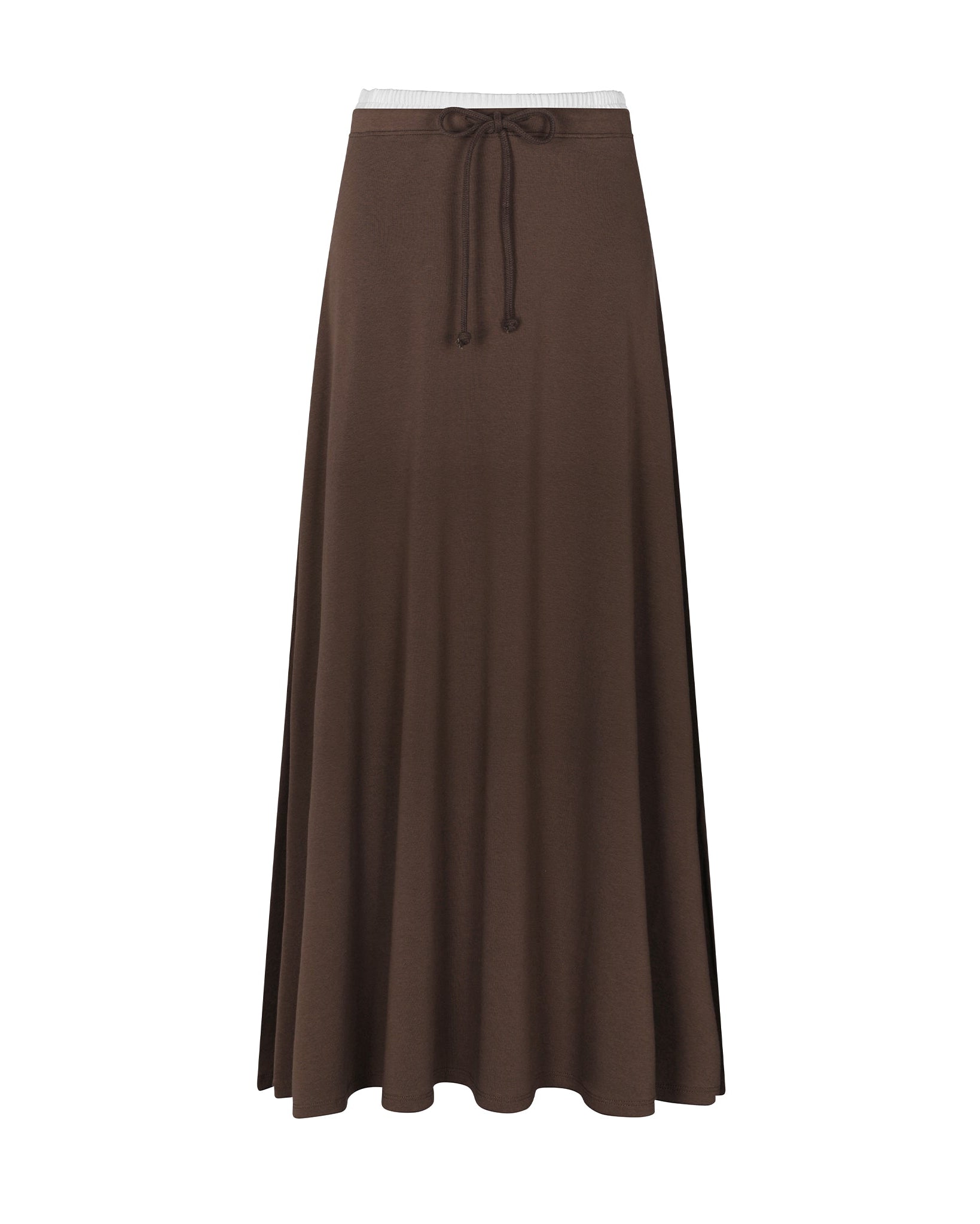 Brown long skirt with a white waistband on a white background