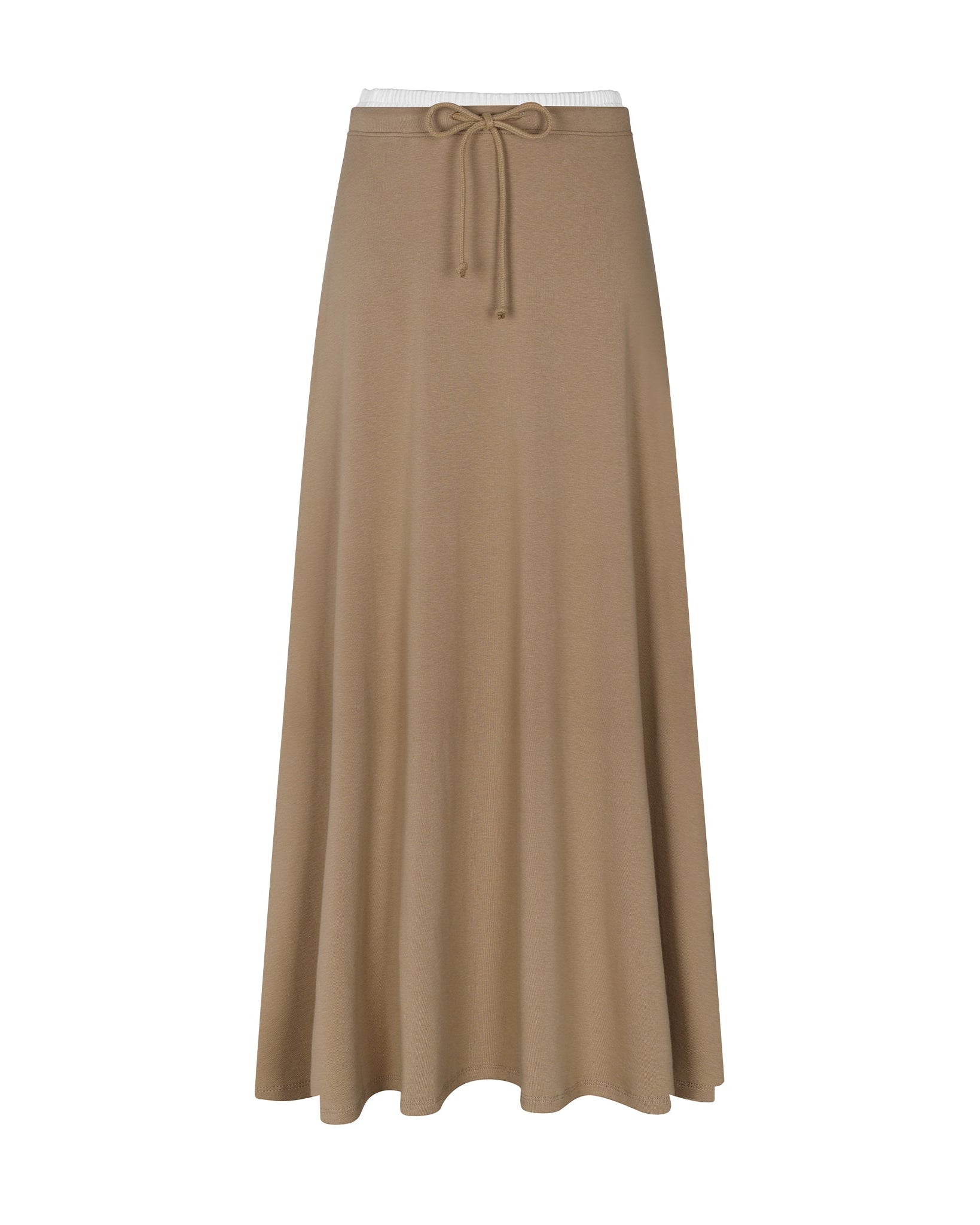 Beige long skirt with a drawstring waist on a white background