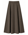 A high-waisted, pleated A-line skirt in a dark brown fabric, shown against a plain white background.