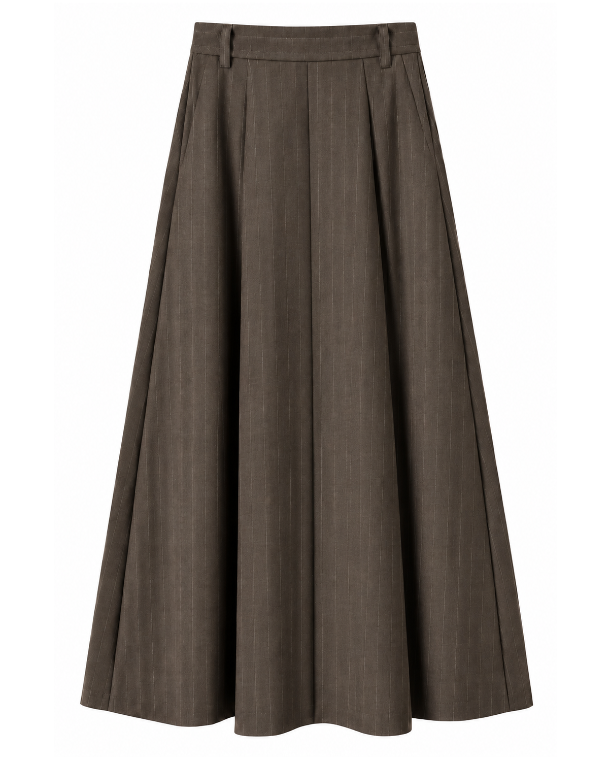 A high-waisted, pleated A-line skirt in a dark brown fabric, shown against a plain white background.