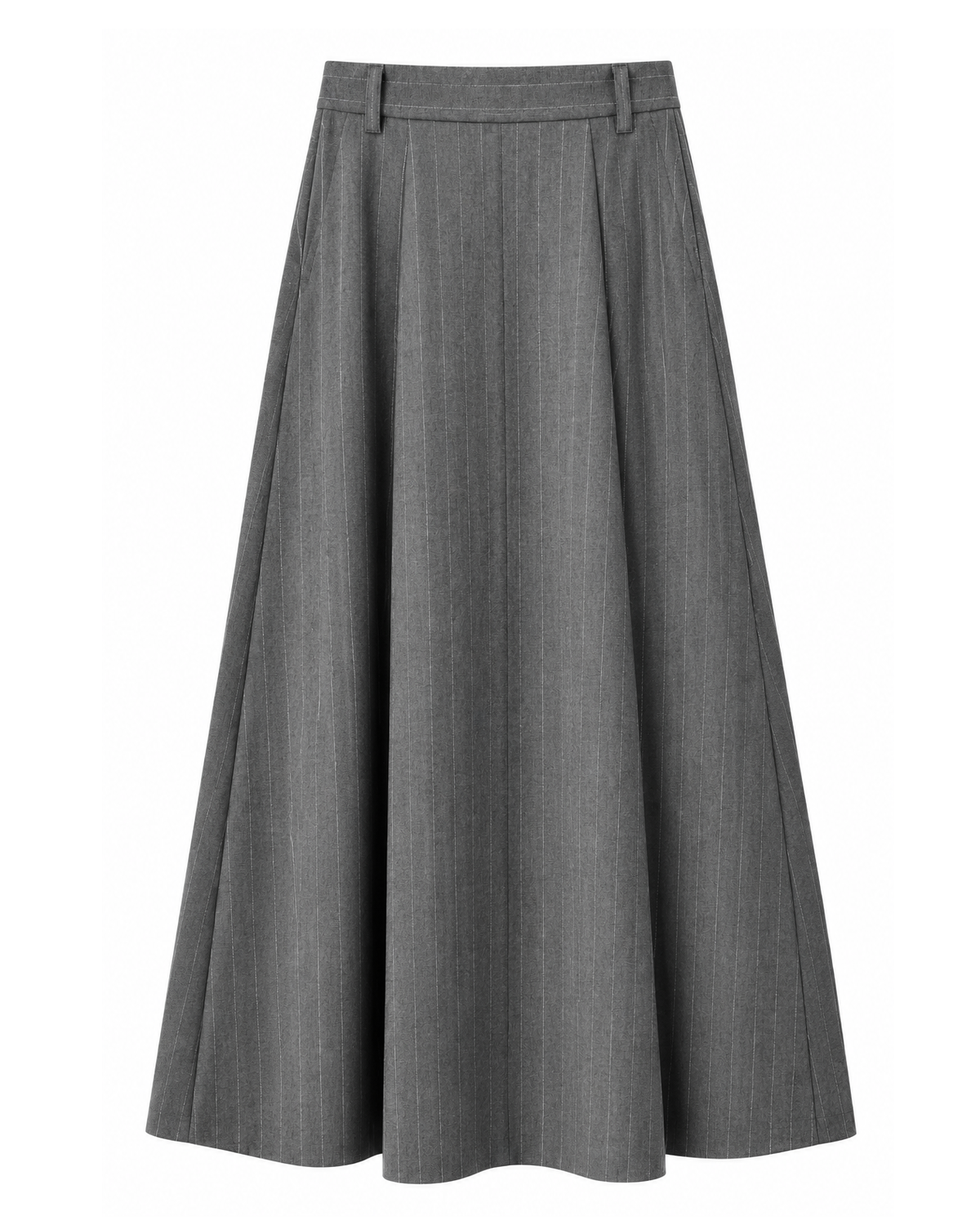 A gray pleated A-line midi skirt with a structured waistband, shown against a plain white background.