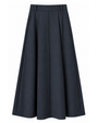 A dark navy blue pleated midi skirt with a structured waistband, shown against a plain white background.